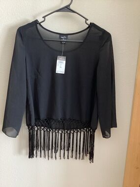 rue21 Goth Hippie Boho retro vintage Black Sheer Fringe Hem Blouse